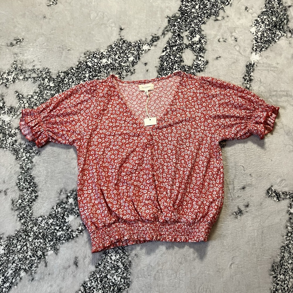 Melloday Shirt Womens Size Large Red Floral Short Sleeve Faux Wrap Smocked